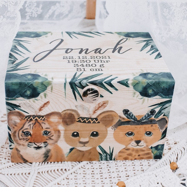 Memory box, baby memory box, personalized memory box, lion tiger leopard memory box, baby storage box, toy box