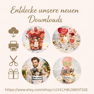 K&ouml;nnte beinhalten: Werbebild mit dem Text "Entdecke unsere neuen Downloads" und einer Etsy-Shop-URL. Das Bild zeigt vier kreisf&ouml;rmige Produktdarstellungen mit Blumen, Pralinen und Geschenkartikeln. Jede Darstellung hat ein einzigartiges Design.