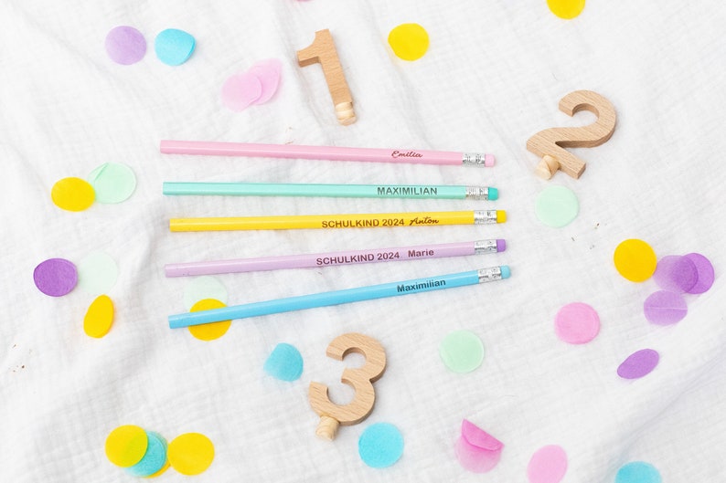 Personalisierter Bleistift, Geschenk Einschulung, Bleistift mit Name, Geschenk Schultüte, Schulkind 2024, Pastell Bleistifte Radiergummi - lovely wild moments