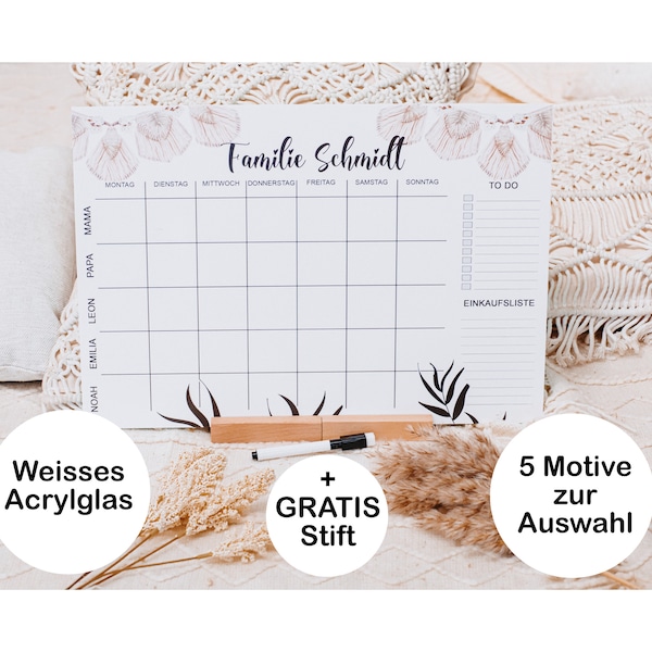 Planificateur familial, planificateur hebdomadaire familial, calendrier avec nom, planificateur familial personnalisé en verre acrylique, plan hebdomadaire en verre acrylique, calendrier familial