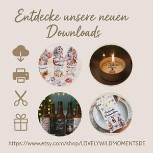 May include: A collage of Christmas-themed downloads. The image includes decorated cups, a lit candle, beer bottles, and a festive napkin. Text includes "Entdecke unsere neuen Downloads" and "A T&auml;ndschen please".