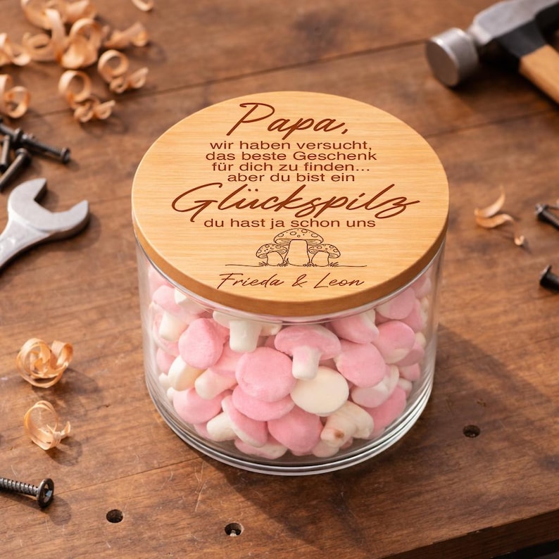 Papa Glückspilz Geschenk Glas personalisiert mit Namen