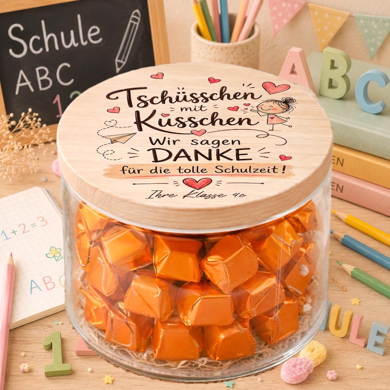 Tschüsschen mit Küsschen Vorratsglas Ferrero Küsschen Lehrerin Dankeschön Glas mit Wunschname