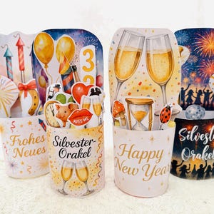 Silvester Orakel Duplo Banderolen als PDF Vorlage zum Ausdrucken, komplette Bastelvorlage mit Sprüchen und Designs für Neujahrsfeier