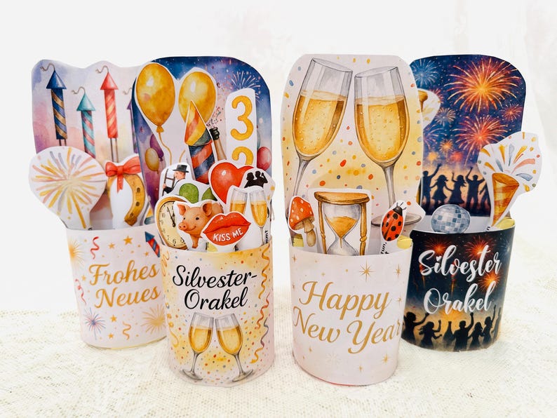 Silvester Orakel Duplo Banderolen als PDF Vorlage zum Ausdrucken, komplette Bastelvorlage mit Sprüchen und Designs für Neujahrsfeier