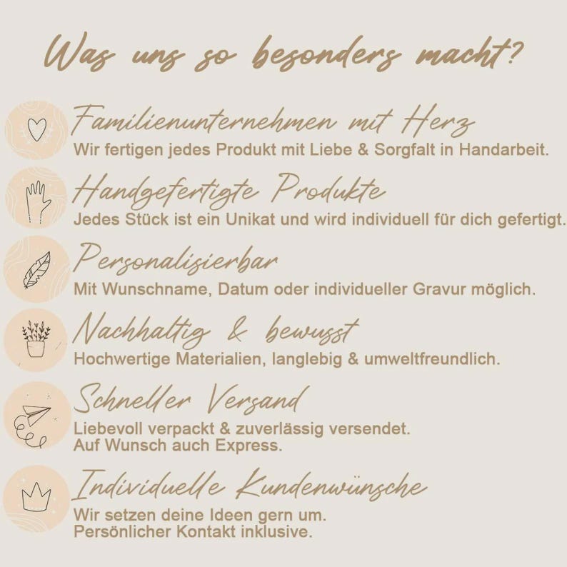 May include: A beige graphic with text in a cursive font. The text describes the company's values: family-owned, handmade products, customizable, sustainable, fast shipping, and individual customer requests.