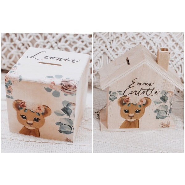 Money box, money box with name, money box children, money box baptism, money box forest animals, baby gift, children's room decoration, wooden money box lion, piggy bank