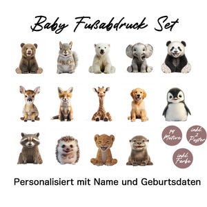 Baby Fußabdruck Set Tiere, Geschenk Geburt, Geburtsposter Fußabdruck Tiere, Baby Geschenk Personalisiert, Wandbild Baby- & Kinderzimmer