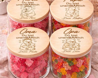 Tarro de almacenamiento personalizado “unentBÄRlich” con el número de hijos, Mamá, Papá, Abuela, Abuelo, regalo para el Día de la Madre, Día del Padre, ositos de goma, regalo de un niño