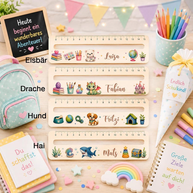 Geschenk zur Einschulung mit Wunschnamen, hochwertige Lesehilfe aus Holz für Kinder der ersten Klasse.