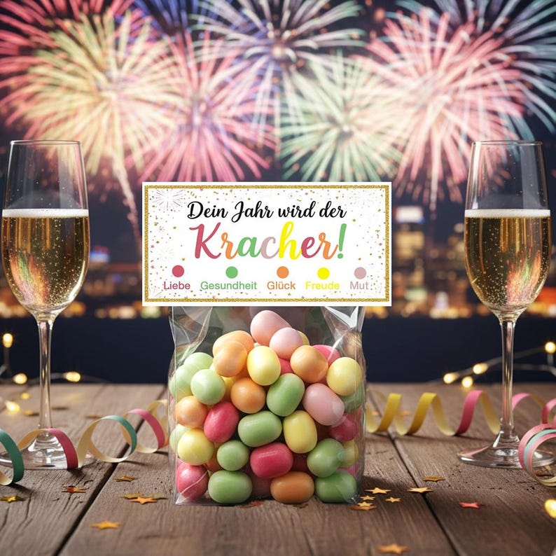 Dein Jahr wird der Kracher – Etikett für Silvester Mitbringsel mit farbenfrohem Design