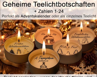 Puede incluir: Se muestran cinco velas de té encendidas con mensajes festivos, incluyendo "Frohe Weihnachten" y "Frohes Fest". La imagen incluye el texto "216 Geheime Teelichtbotschaften + Zahlen 1-24". Las velas están en pequeños recipientes metálicos.