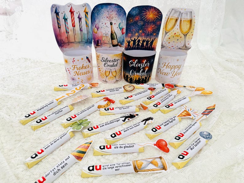 DIY Bastelidee Silvester Orakel Banderolen zum Ausdrucken und Ausschneiden, kreative Geschenkidee für Silvesterabend
