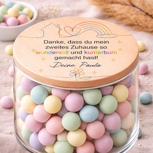 Kita Abschiedsgeschenk personalisiert mit modernem Regenbogen Design Vorratsglas mit Süßigkeiten als emotionales Abschiedsgeschenk
