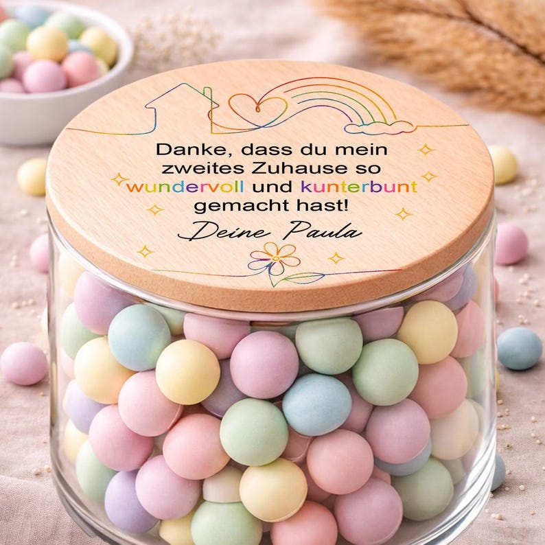 Kita Abschiedsgeschenk personalisiert mit modernem Regenbogen Design Vorratsglas mit Süßigkeiten als emotionales Abschiedsgeschenk