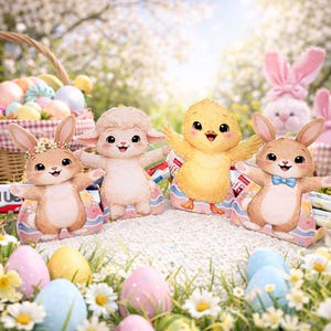 Puede incluir: Imagen con temática de Pascua con cuatro personajes de dibujos animados: un conejito con corona de flores, un cordero, un pollito y un conejito con pajarita azul. Están sobre plataformas con forma de huevo. Huevos de Pascua y una cesta en el fondo.