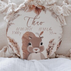 Panneau en bois personnalisé, badge bois, cadeau de naissance, cadeau de baptême, panneau de porte, décoration de la chambre denfant, baby déco Boho, Boho Animaux,Renard Eichhörnchen