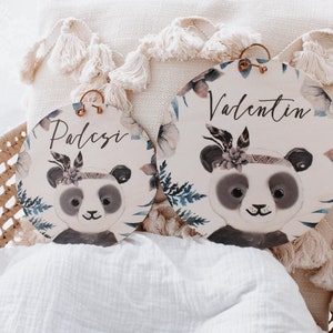 Panneau en bois personnalisé, badge bois, cadeau de naissance, cadeau de baptême, panneau de porte, décoration de la chambre denfant, baby déco Boho, Boho Animaux,Renard Panda