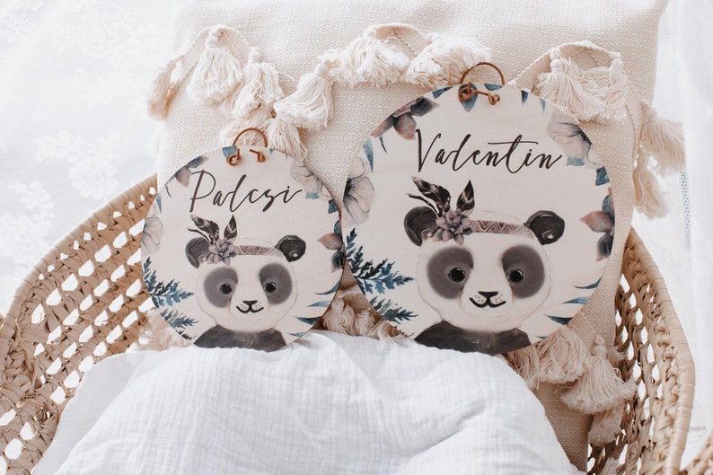 Panneau en bois personnalisé, badge bois, cadeau de naissance, cadeau de baptême, panneau de porte, décoration de la chambre denfant, baby déco Boho, Boho Animaux,Renard Panda