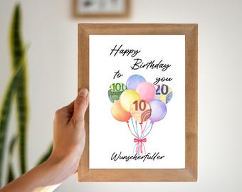 Gift download, money gift for birthday, wish fulfiller birthday gift money, birthday card last minute gift, instant download
