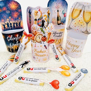 Silvester Orakel Printable mit Raketen-Hintergrund, kreative Bastelvorlage mit Duplo Banderolen und Party-Designs
