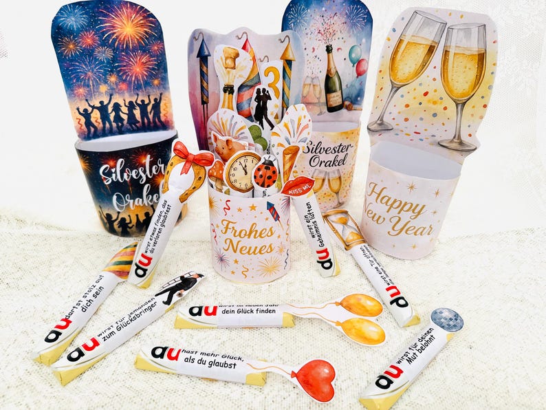 Silvester Orakel Printable mit Raketen-Hintergrund, kreative Bastelvorlage mit Duplo Banderolen und Party-Designs