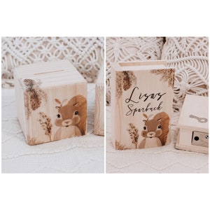 Money box, money box with name, money box for children, baptism money box, squirrel money box, baby gift, children&#39;s room decoration, wooden money box, piggy bank