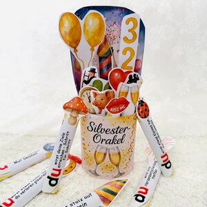 Silvester Orakel Duplo Banderolen als PDF Vorlage zum Ausdrucken, komplette Bastelvorlage mit Sprüchen und Designs für Neujahrsfeier
