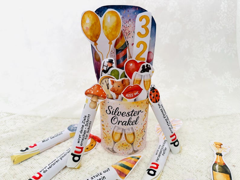 Silvester Orakel Duplo Banderolen als PDF Vorlage zum Ausdrucken, komplette Bastelvorlage mit Sprüchen und Designs für Neujahrsfeier