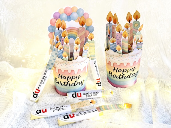 Duplo Banderolen Geburtstag Regenbogen Torte 3D Effekt Pastell Kerzen & Du Sprüche DIY Last Minute Geschenk Digitale Datei Happy Birthday