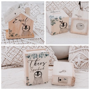 Money box, money box with name, money box children, money box baptism, money box penguin, baby gift, children&#39;s room decoration, wooden money box, piggy bank