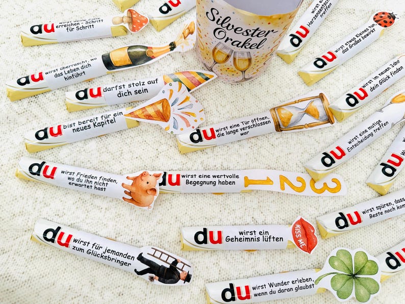 Druckbare Silvester Orakel Box mit Motiv Sektgläser, festliche Printable Vorlage für Duplo Verpackung als Mitbringsel zu Silvester