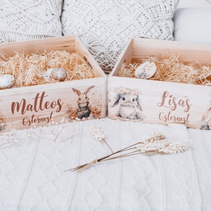 Puede incluir: Dos cajas de Pascua de madera con ilustraciones de conejos y los nombres "Matteos" y "Lisas". Cada caja est&aacute; llena de paja y huevos moteados. Las cajas est&aacute;n decoradas con ilustraciones de conejos en acuarela.