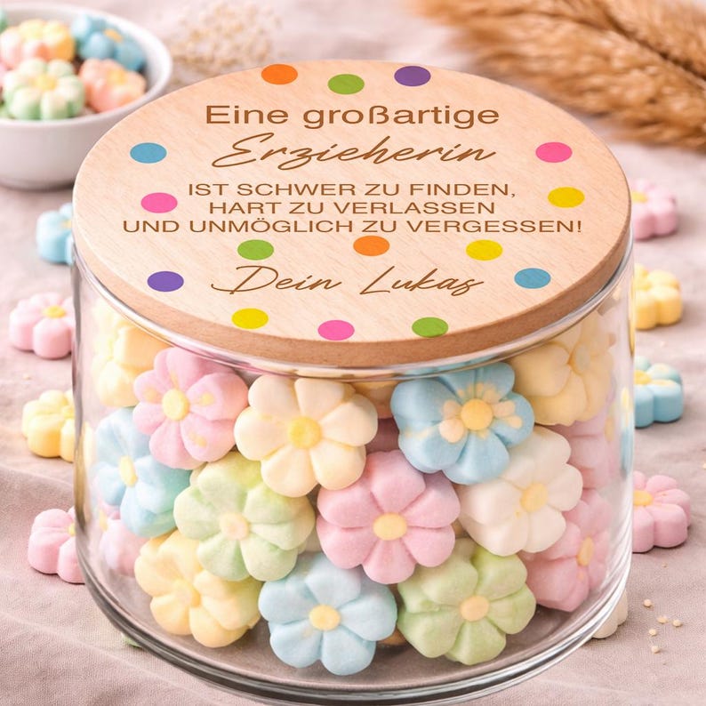 Individuelles Kita Abschiedsgeschenk Glas mit bunten Süßigkeiten und Wunschname