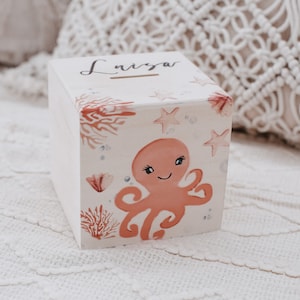 Money box, money box with name, money box for children, baptism money box, octopus money box, baby gift, children&#39;s room decoration, wooden money box, piggy bank