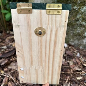 May include: A wooden birdhouse with a green roof and brass hinges. The birdhouse is made of light-colored wood and has a small brass latch. The birdhouse is designed to be mounted outdoors.