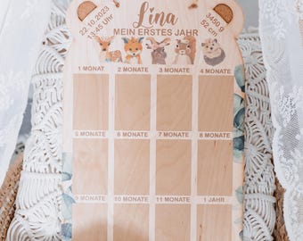 Gift for birth, milestone board, my first year, personalized photo frame forest animals