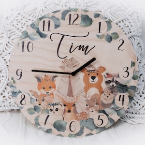 Orologio da parete per bambini, orologio da parete per cameretta, orologio per bambini, orologio da parete con animali della foresta, orologio per bambini, orologio da parete personalizzato, orologio in legno, orologio da parete da 30 cm, regalo per neonati, battesimo