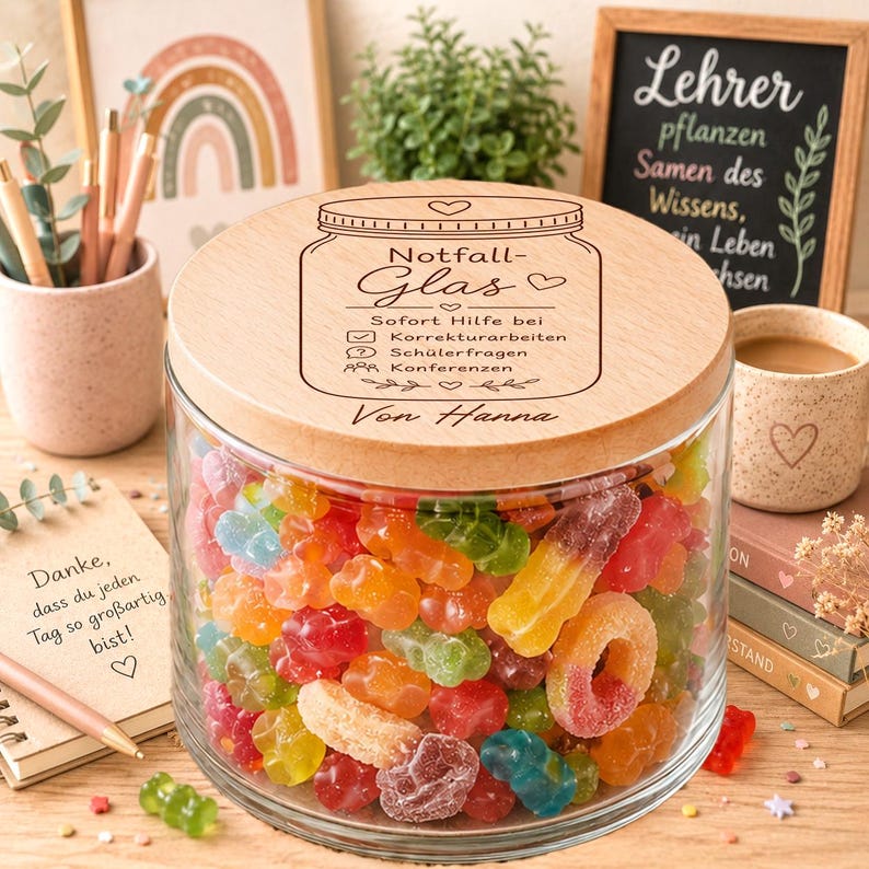 Glas mit Holzdeckel für Lehrerin