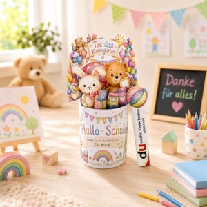 Peut inclure: Un pot à crayons décoratif avec un design coloré, représentant un lapin et un ours, avec le texte "Hallo Schule" et "Tschüss Kindergarten". Comprend un arc-en-ciel, un tableau noir avec du texte et un stylo.