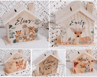 Money box, money box with name, money box for children, baptism money box, forest animal money box, baby gift, children's room decoration, wooden money box, piggy bank