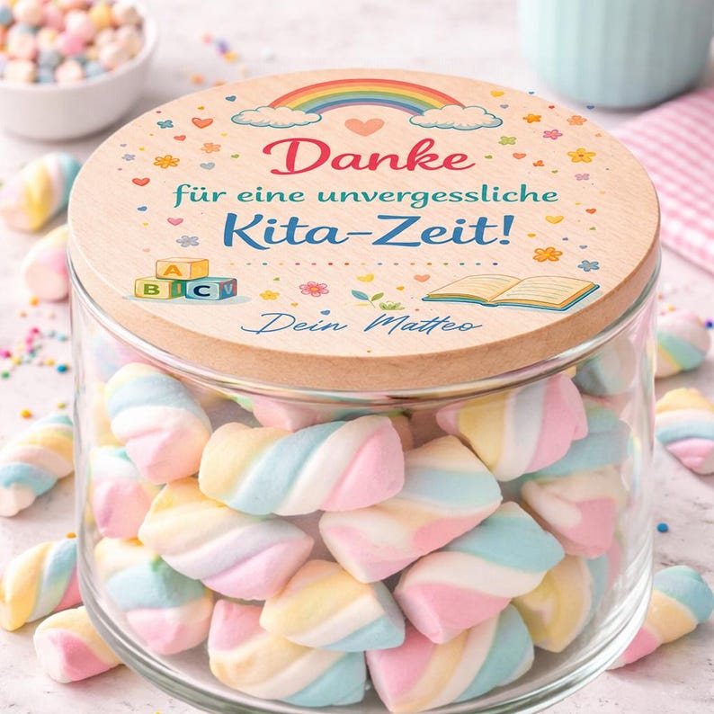 Personalisiertes Kita Abschiedsgeschenk mit Regenbogen Motiv und Wunschname