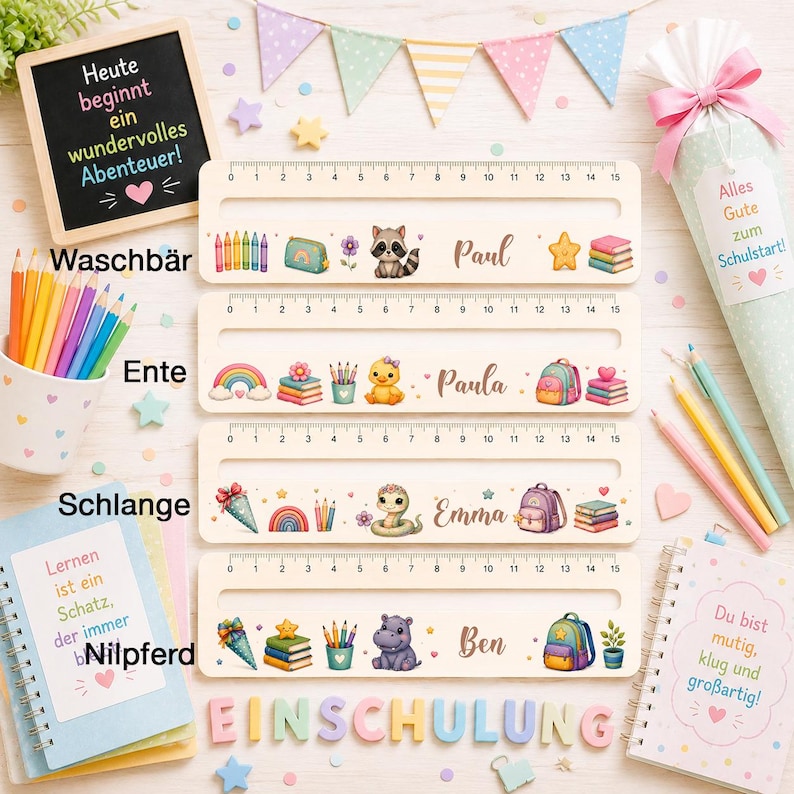 Personalisierte Leseschablone aus Holz für Lesetraining in der Grundschule mit integriertem Lineal.
