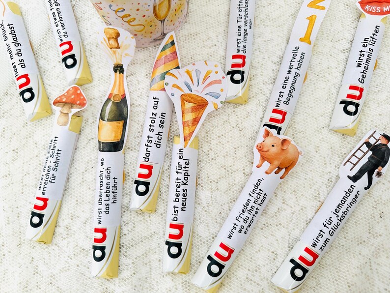Kleine Geschenke mit Duplo Banderolen Silvester Orakel, originelles Mitbringsel und Tischdeko für Silvesterabend
