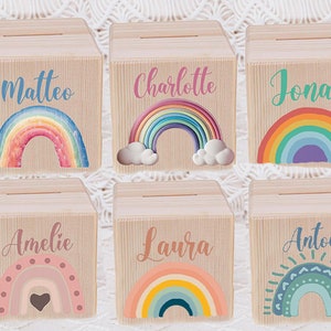Hucha, hucha con nombre, hucha infantil, bautizo, hucha personalizada, regalo bebe, decoración habitación infantil, hucha de madera, hucha arcoiris