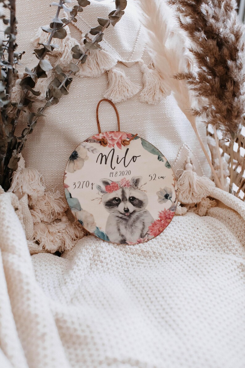 Namensschild Holz Waldtiere, Baby Schild, Babyzimmer Deko, Holzschild personalisiert,Boho Tiere,Fuchs, Reh,Geschenke zur Geburt,Namensschild Waschbär