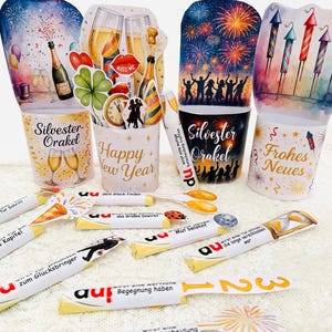 Vier verschiedene Silvester Orakel Boxdesigns: Feuerwerk, Sektgläser, Party und Raketen – PDF Printable Bastelset