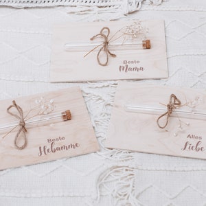 Geldgeschenkverpackung, beste Mama, beste Hebamme, alles Liebe, Holzkarte mit Reagenzglas, Glückwunschkarte