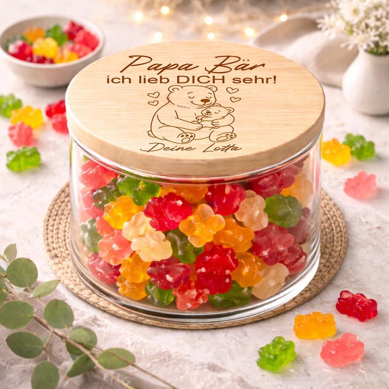 Personalisierte Geschenkidee für Papa mit Gummibärchen Glas