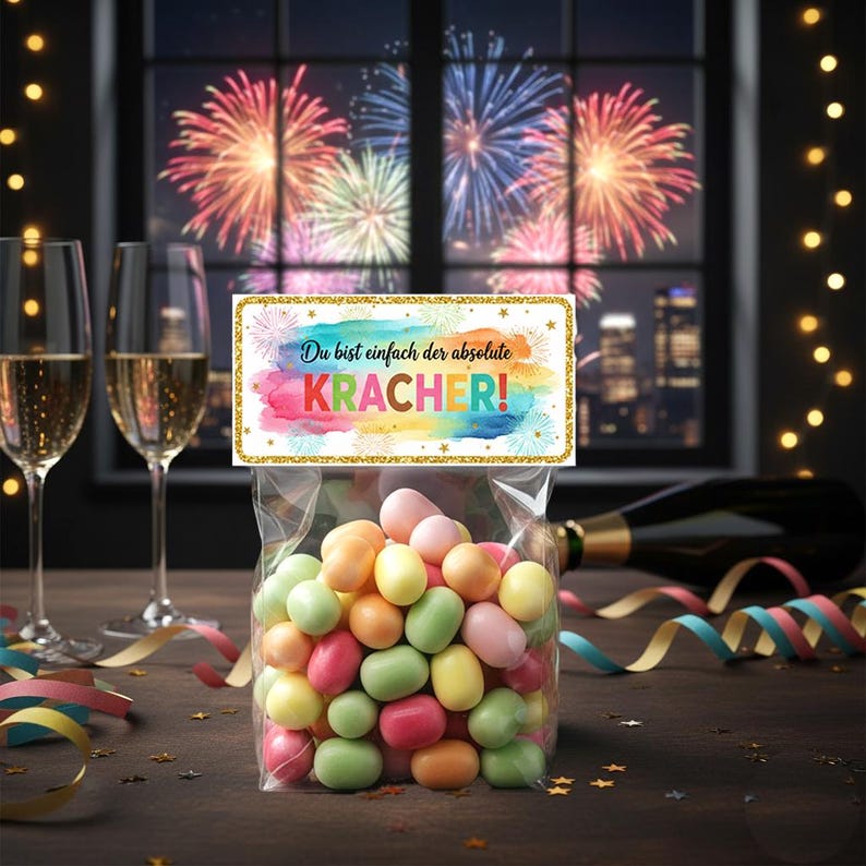 Neujahrsgruß Etikett – bunte Printable Kracher Labels für Silvester 2025
